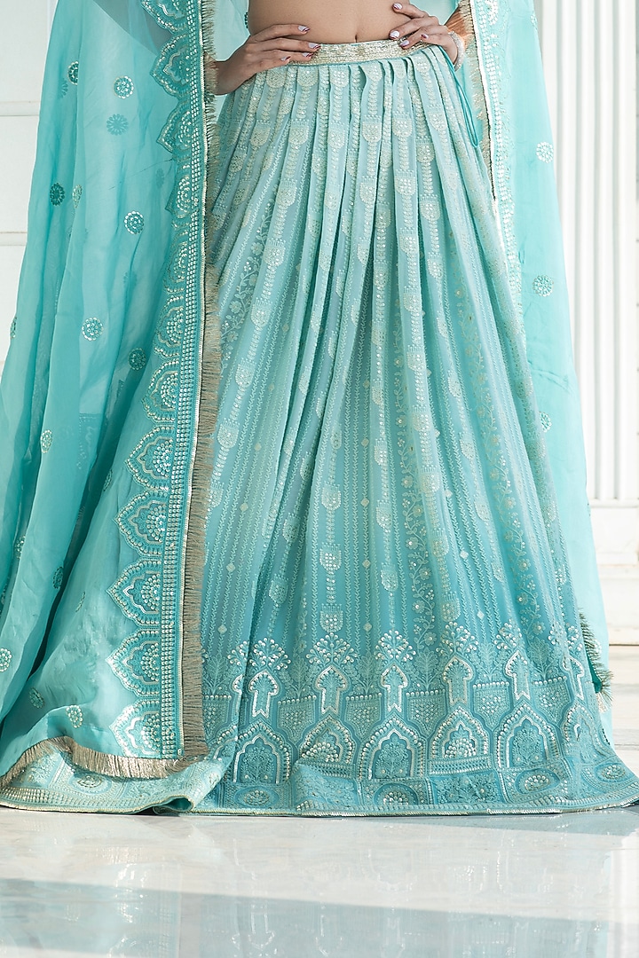 Ice Blue Ombre Georgette Chikankari Embroidered Wedding Lehenga Set by Monk & Mei at Pernia's Pop Up Shop