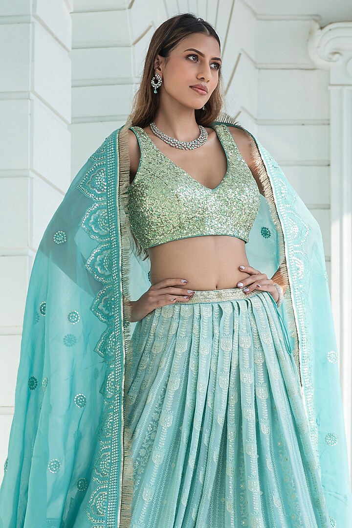 Ice Blue Ombre Georgette Chikankari Embroidered Wedding Lehenga Set by Monk & Mei at Pernia's Pop Up Shop