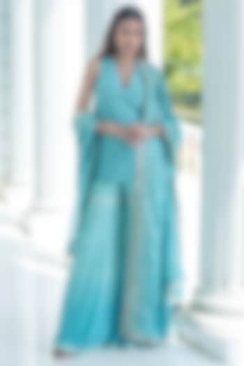 Ice Blue Ombre Georgette Sharara Set by Monk & Mei at Pernia's Pop Up Shop