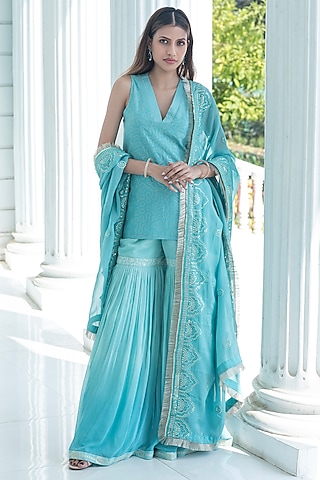 Ice Blue Ombre Georgette Sharara Set by Monk & Mei
