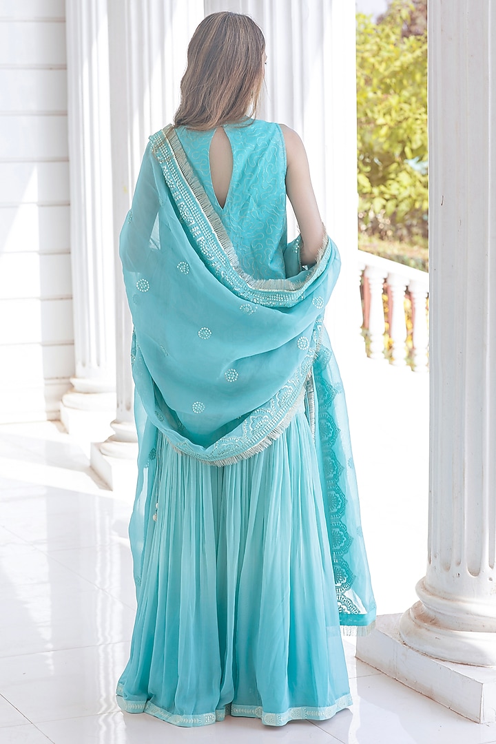 Ice Blue Ombre Georgette Sharara Set by Monk & Mei at Pernia's Pop Up Shop
