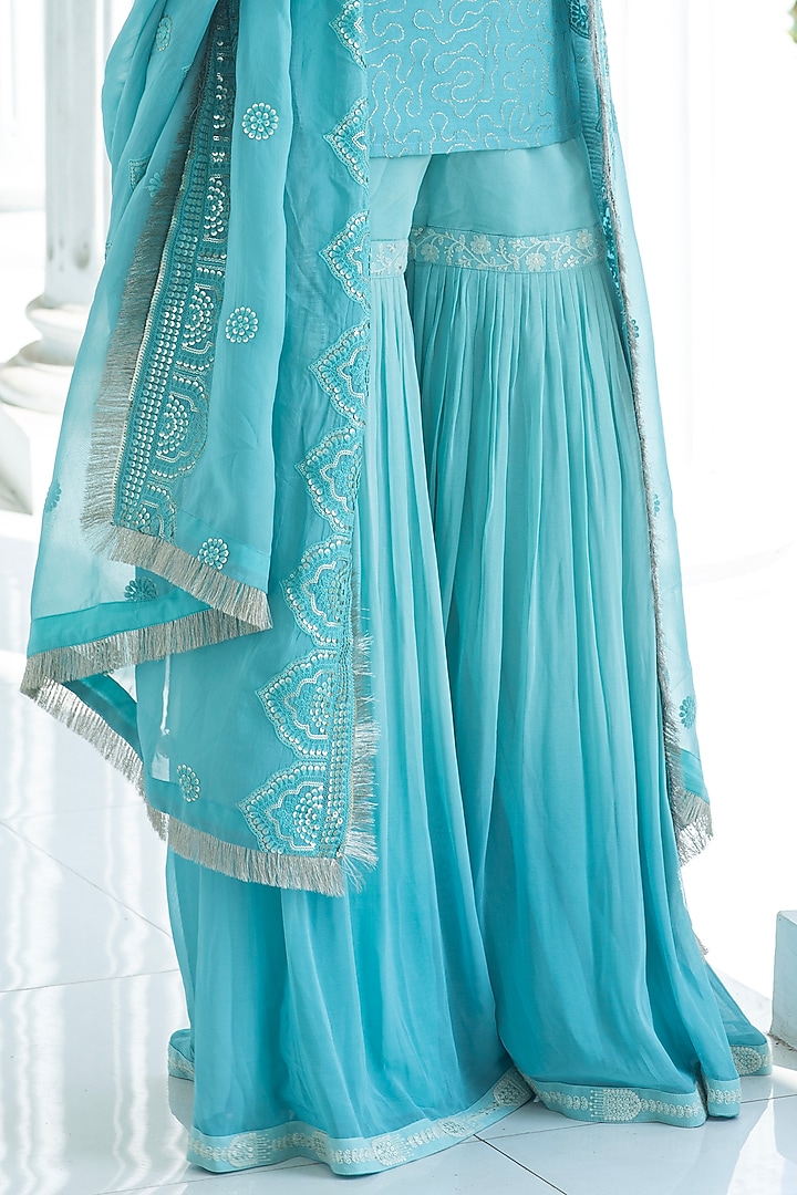 Ice Blue Ombre Georgette Sharara Set by Monk & Mei at Pernia's Pop Up Shop