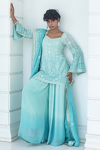 Ice Blue Ombre Georgette Sharara Set by Monk & Mei