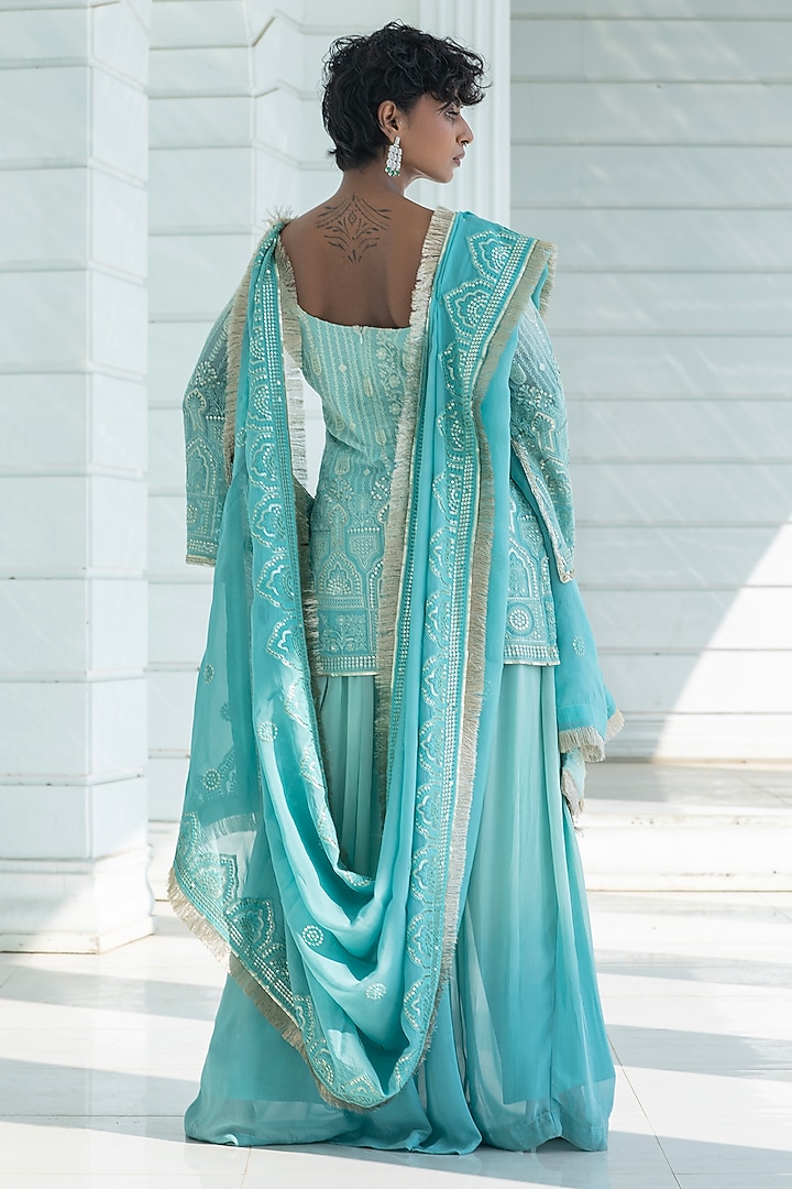 Ice Blue Ombre Georgette Sharara Set by Monk & Mei at Pernia's Pop Up Shop
