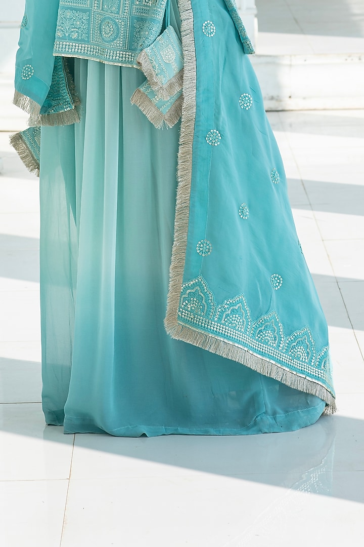 Ice Blue Ombre Georgette Sharara Set by Monk & Mei at Pernia's Pop Up Shop