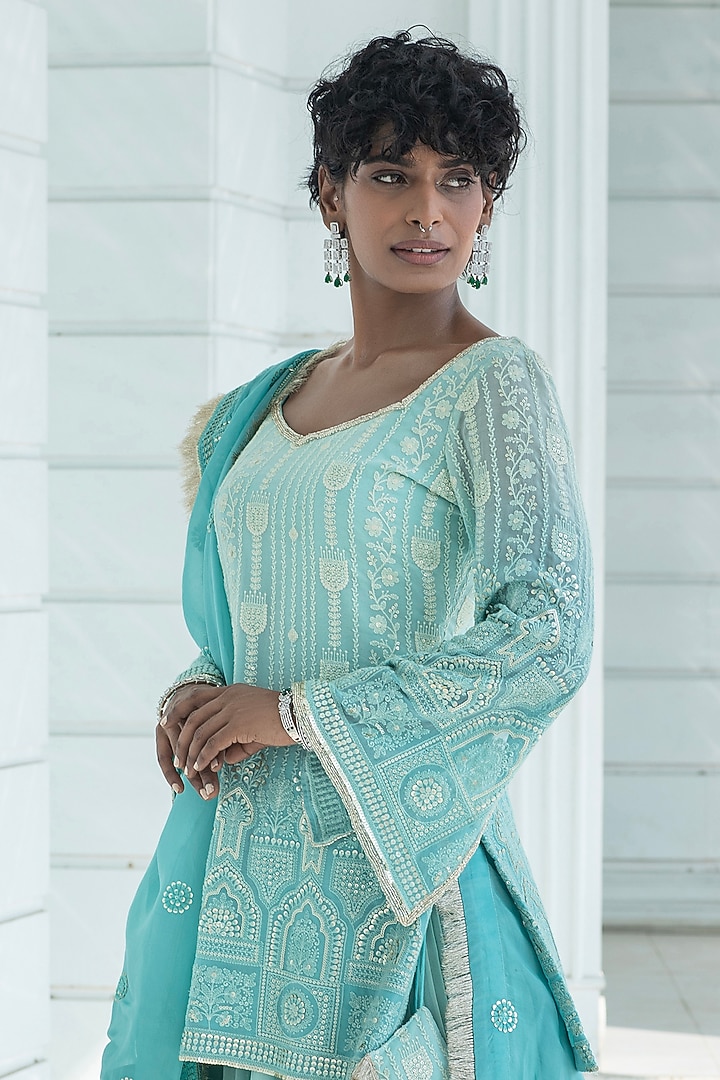 Ice Blue Ombre Georgette Sharara Set by Monk & Mei at Pernia's Pop Up Shop