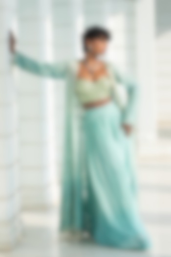 Ice Blue Ombre Georgette Chikankari Embroidered Cape Set by Monk & Mei at Pernia's Pop Up Shop