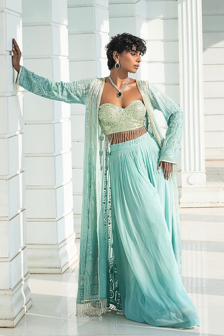 Ice Blue Ombre Georgette Chikankari Embroidered Cape Set by Monk & Mei at Pernia's Pop Up Shop