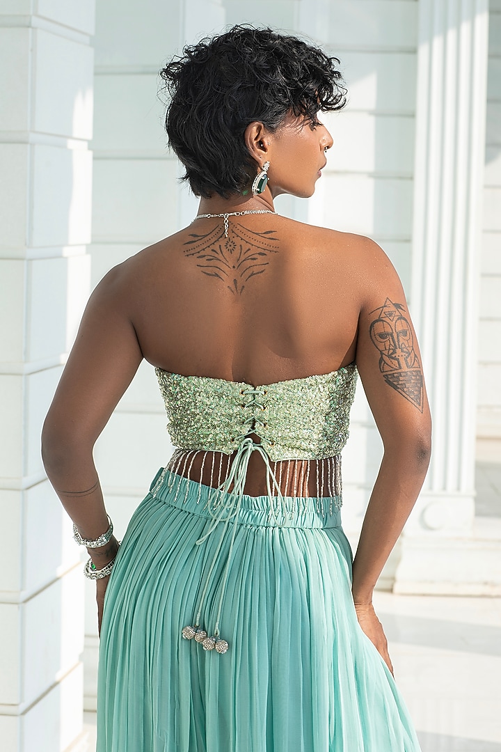 Ice Blue Ombre Georgette Chikankari Embroidered Cape Set by Monk & Mei at Pernia's Pop Up Shop