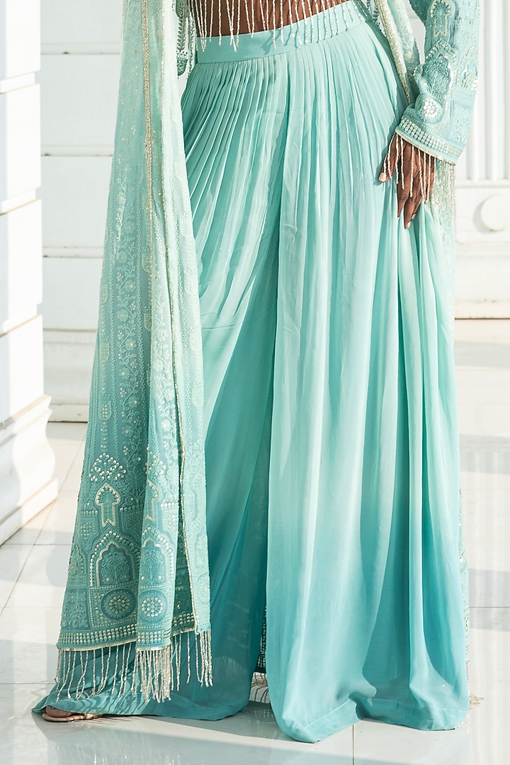 Ice Blue Ombre Georgette Chikankari Embroidered Cape Set by Monk & Mei at Pernia's Pop Up Shop