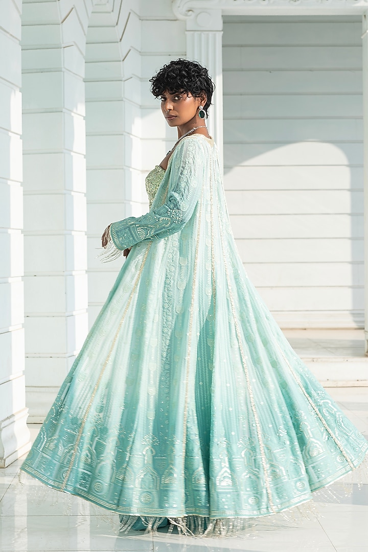 Ice Blue Ombre Georgette Chikankari Embroidered Cape Set by Monk & Mei at Pernia's Pop Up Shop