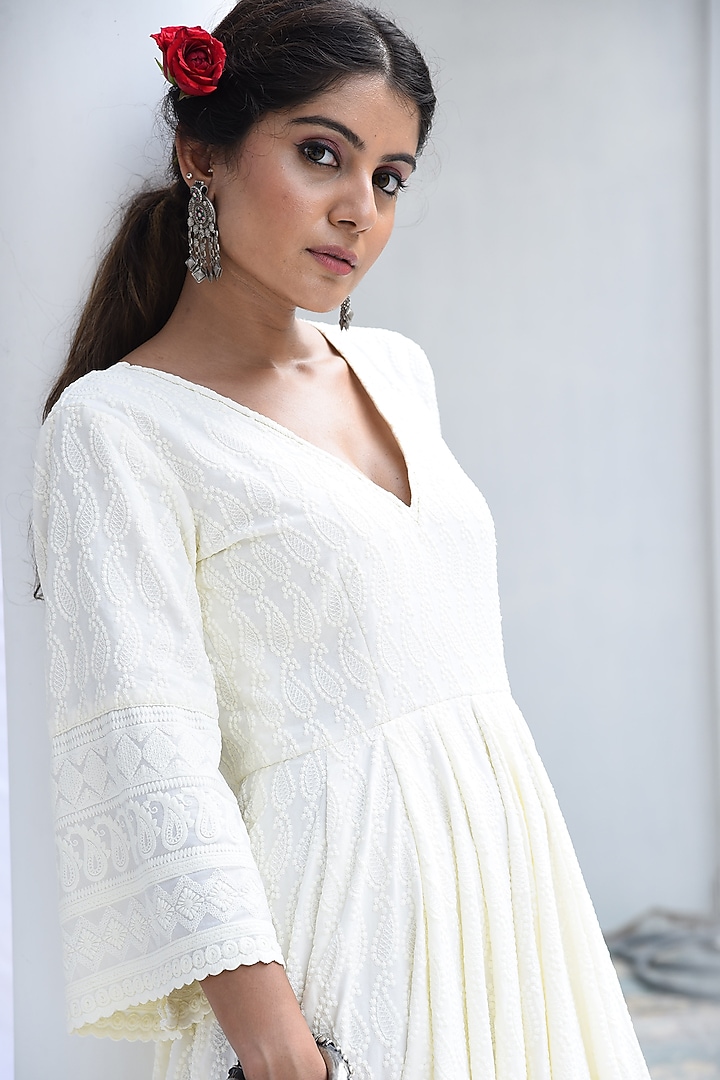 Cream Chikankari Summer Dress by Monk & Mei at Pernia's Pop Up Shop