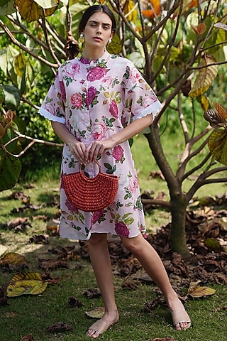 Blush Pink Linen Floral Digital Printed Shirt Dress by Monk & Mei