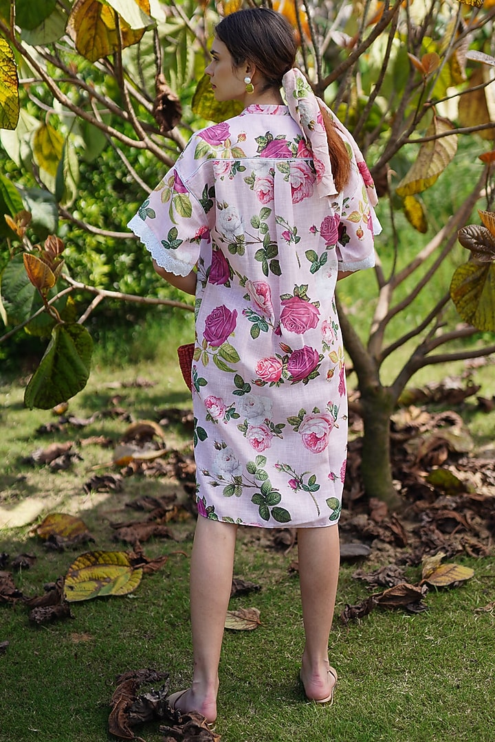 Blush Pink Linen Floral Digital Printed Summer Shirt Dress by Monk & Mei at Pernia's Pop Up Shop