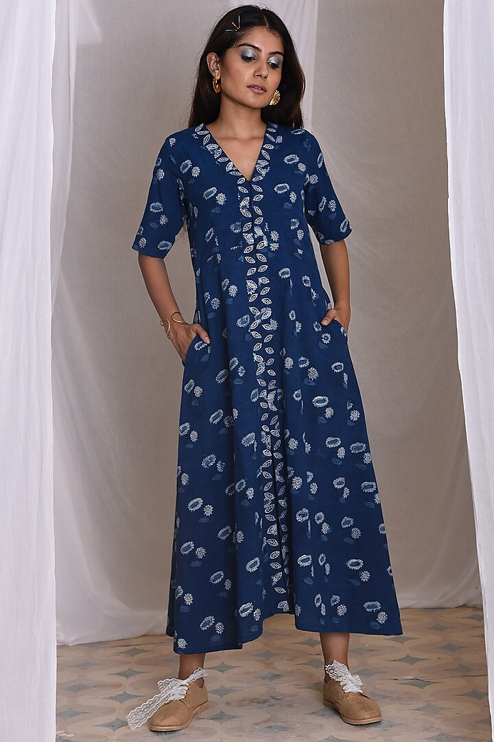 Indigo Blue Hand Block Printed Dress by Monk & Mei