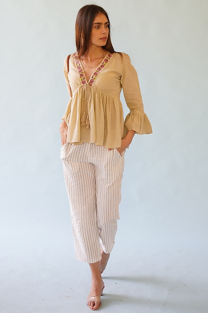 Beige Embroidered Top by Monk & Mei
