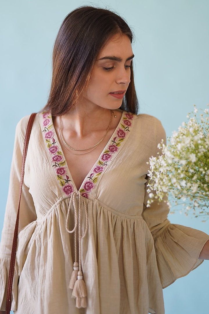 Beige Embroidered Top by Monk & Mei at Pernia's Pop Up Shop