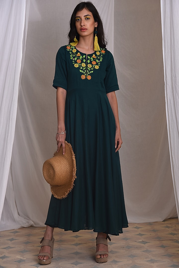 Emerald Green Embroidered Dress by Monk & Mei