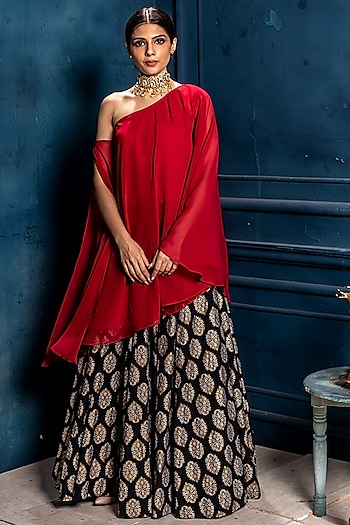 Black Mulmul Gold Motif Work Lehenga Set by Monk & Mei at Pernia's Pop Up Shop