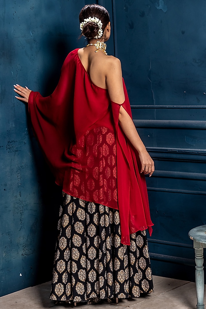 Black Mulmul Gold Motif Work Lehenga Set by Monk & Mei at Pernia's Pop Up Shop