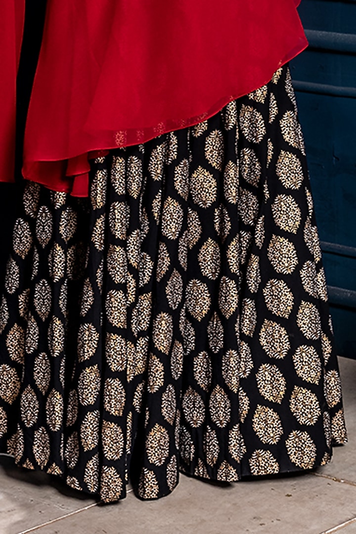Black Mulmul Gold Motif Work Lehenga Set by Monk & Mei at Pernia's Pop Up Shop