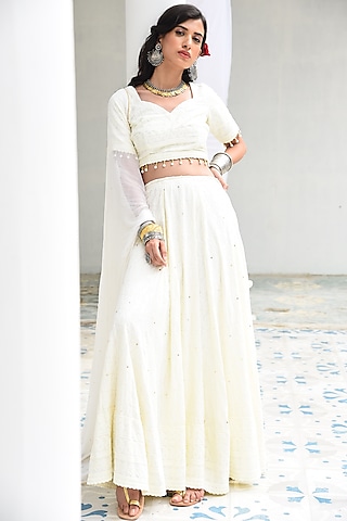Cream Embroidered Lehenga Set by Monk & Mei