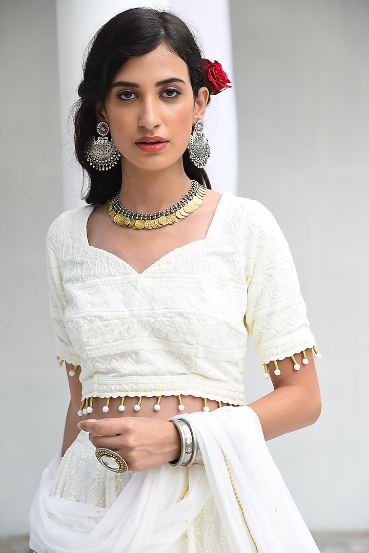Cream Embroidered Lehenga Set by Monk & Mei at Pernia's Pop Up Shop