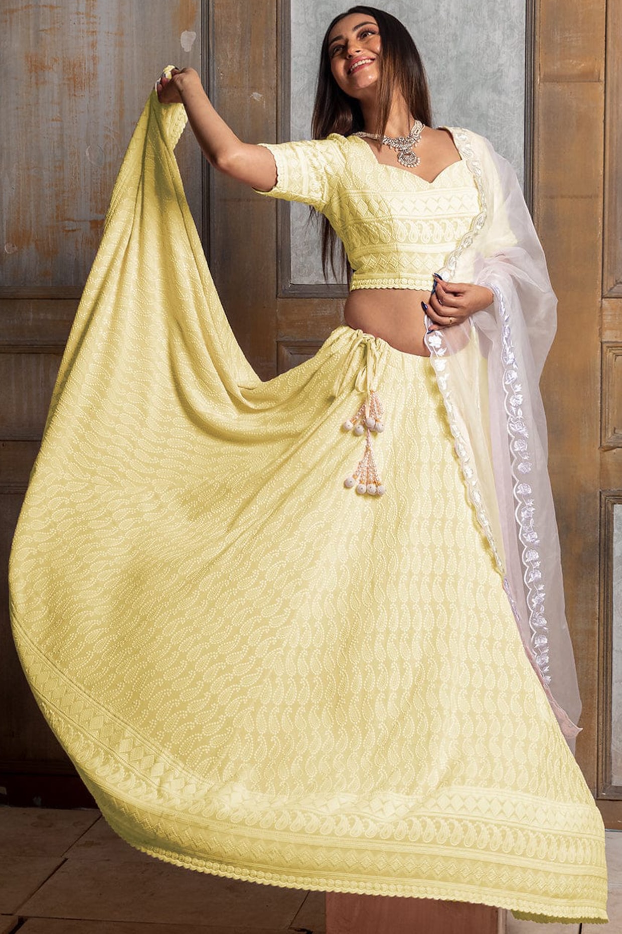 Buy Cream Yellow Haldi Wedding Lehenga In Silk SFAZMA47 – ShreeFashionWear