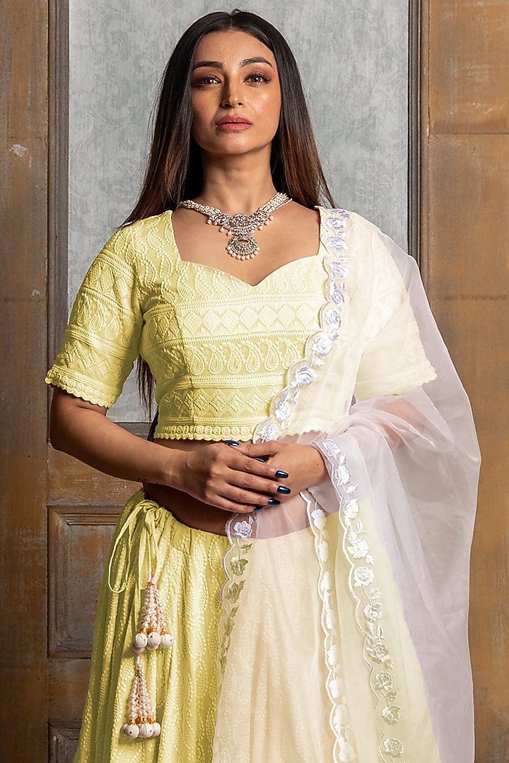 Sunshine Yellow Embroidered Lehenga Set by Monk & Mei at Pernia's Pop Up Shop