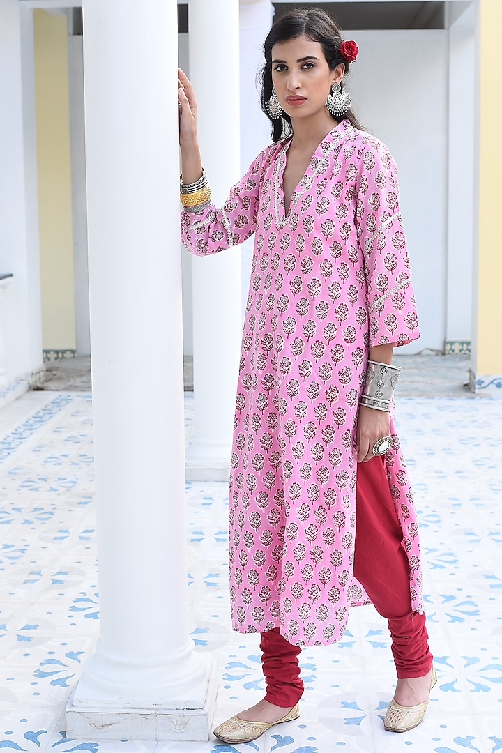 Blush Pink Handcrafted Long Kurta Set by Monk & Mei at Pernia's Pop Up Shop