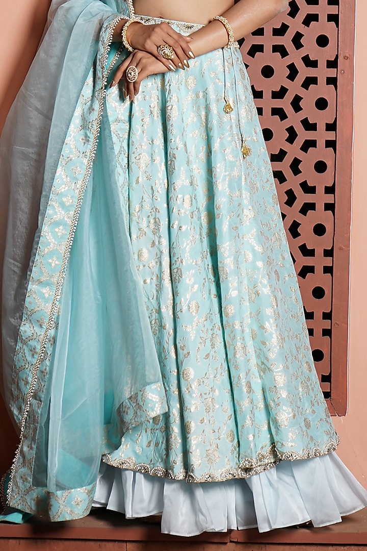 Powder Blue Silk Brocade & Organza Layered Lehenga Set by Monk & Mei at Pernia's Pop Up Shop