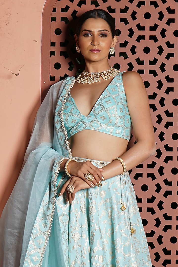 Powder Blue Silk Brocade & Organza Layered Lehenga Set by Monk & Mei at Pernia's Pop Up Shop