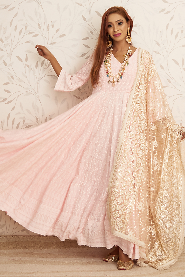 Pink Rayon Chikankari Embroidered Kalidar Anarkali Set by Monk & Mei at Pernia's Pop Up Shop