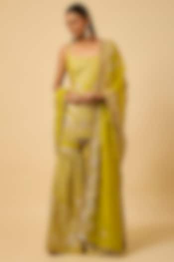 Mustard Yellow Silk Gota Embroidered Party Wear Sharara Set by Monk & Mei at Pernia's Pop Up Shop