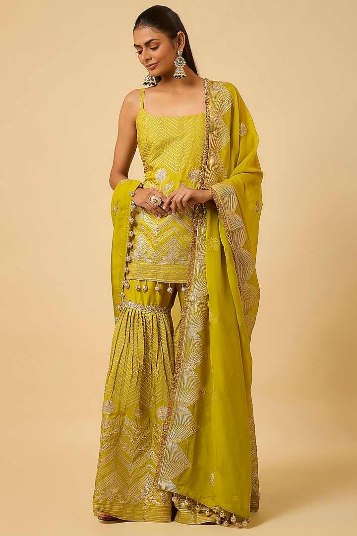 Mustard Yellow Silk Gota Embroidered Party Wear Sharara Set by Monk & Mei at Pernia's Pop Up Shop