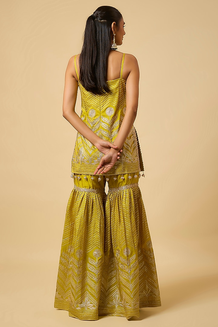 Mustard Yellow Silk Gota Embroidered Party Wear Sharara Set by Monk & Mei at Pernia's Pop Up Shop