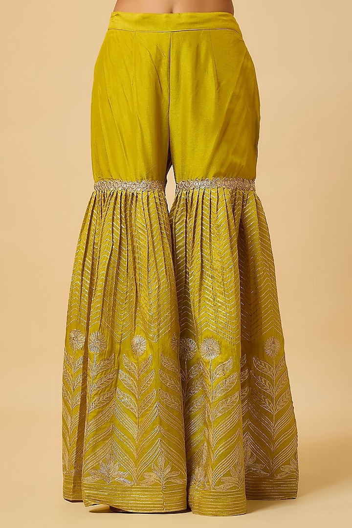 Mustard Yellow Silk Gota Embroidered Party Wear Sharara Set by Monk & Mei at Pernia's Pop Up Shop