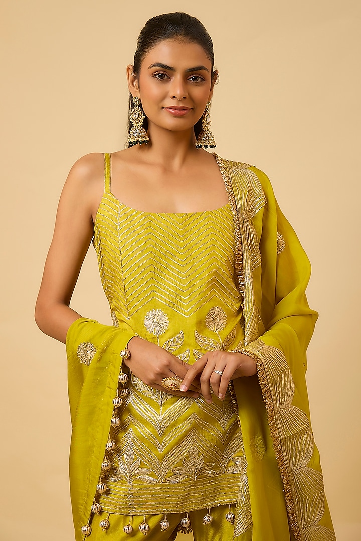 Mustard Yellow Silk Gota Embroidered Party Wear Sharara Set by Monk & Mei at Pernia's Pop Up Shop