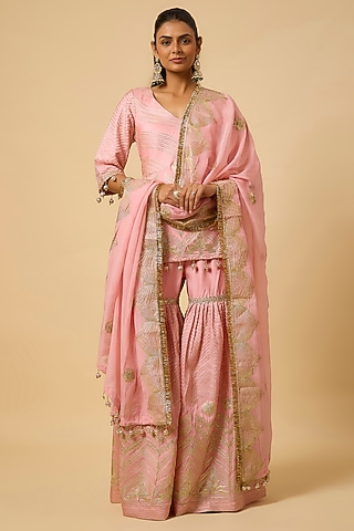Blush Pink Silk Gota Embroidered Sharara Set by Monk & Mei
