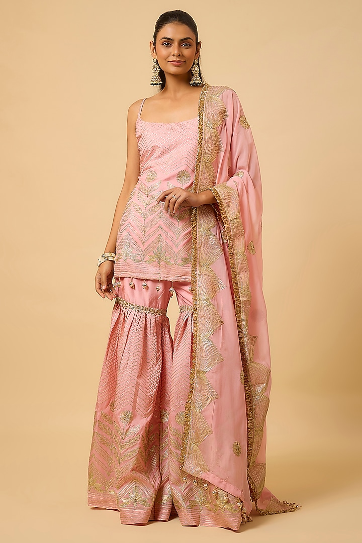 Blush Pink Silk Gota Embroidered Party Wear Sharara Set by Monk & Mei at Pernia's Pop Up Shop