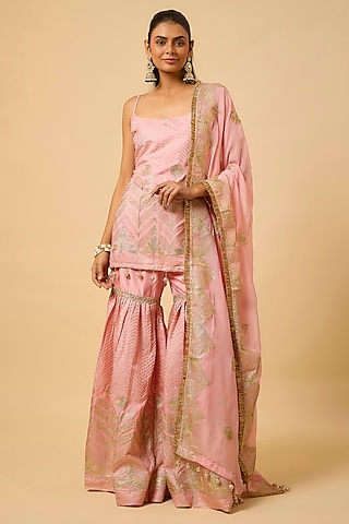 Blush Pink Silk Gota Embroidered Sharara Set by Monk & Mei