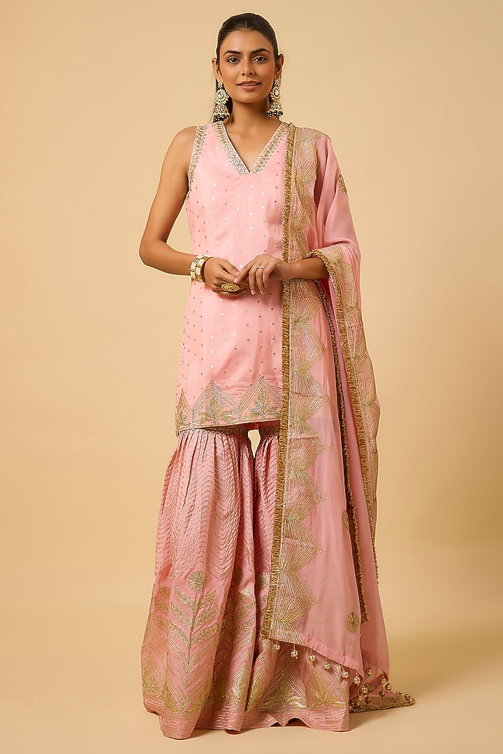 Blush Pink Silk Gota Embellished Party Wear Sharara Set by Monk & Mei at Pernia's Pop Up Shop