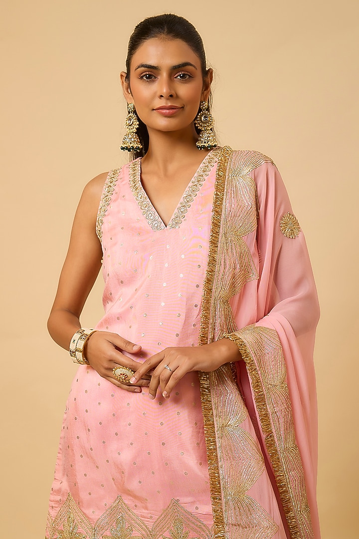 Blush Pink Silk Gota Embellished Party Wear Sharara Set by Monk & Mei at Pernia's Pop Up Shop