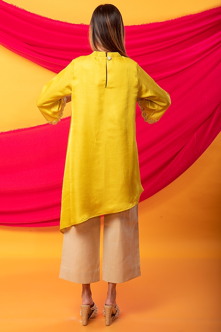 Canary Yellow Silk Blend Asymmetrical Kurta Set by Monk & Mei at Pernia's Pop Up Shop