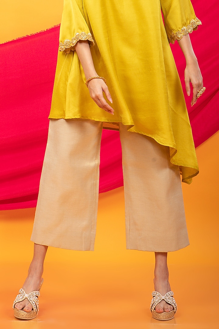 Canary Yellow Silk Blend Asymmetrical Kurta Set by Monk & Mei at Pernia's Pop Up Shop