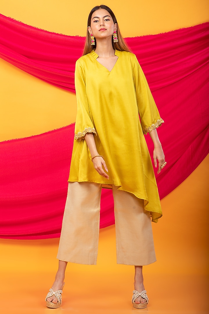 Canary Yellow Silk Blend Asymmetrical Kurta Set by Monk & Mei at Pernia's Pop Up Shop