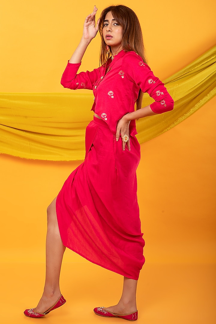 Pink Silk Blend Embroidered Jacket Set by Monk & Mei at Pernia's Pop Up Shop