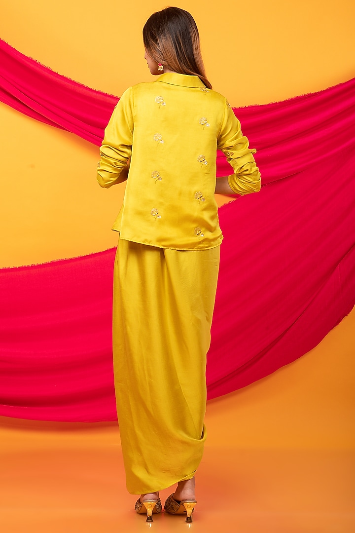 Yellow Silk Blend Embroidered Jacket Set by Monk & Mei at Pernia's Pop Up Shop