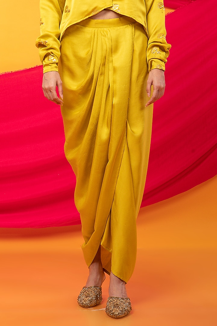 Yellow Silk Blend Embroidered Jacket Set by Monk & Mei at Pernia's Pop Up Shop