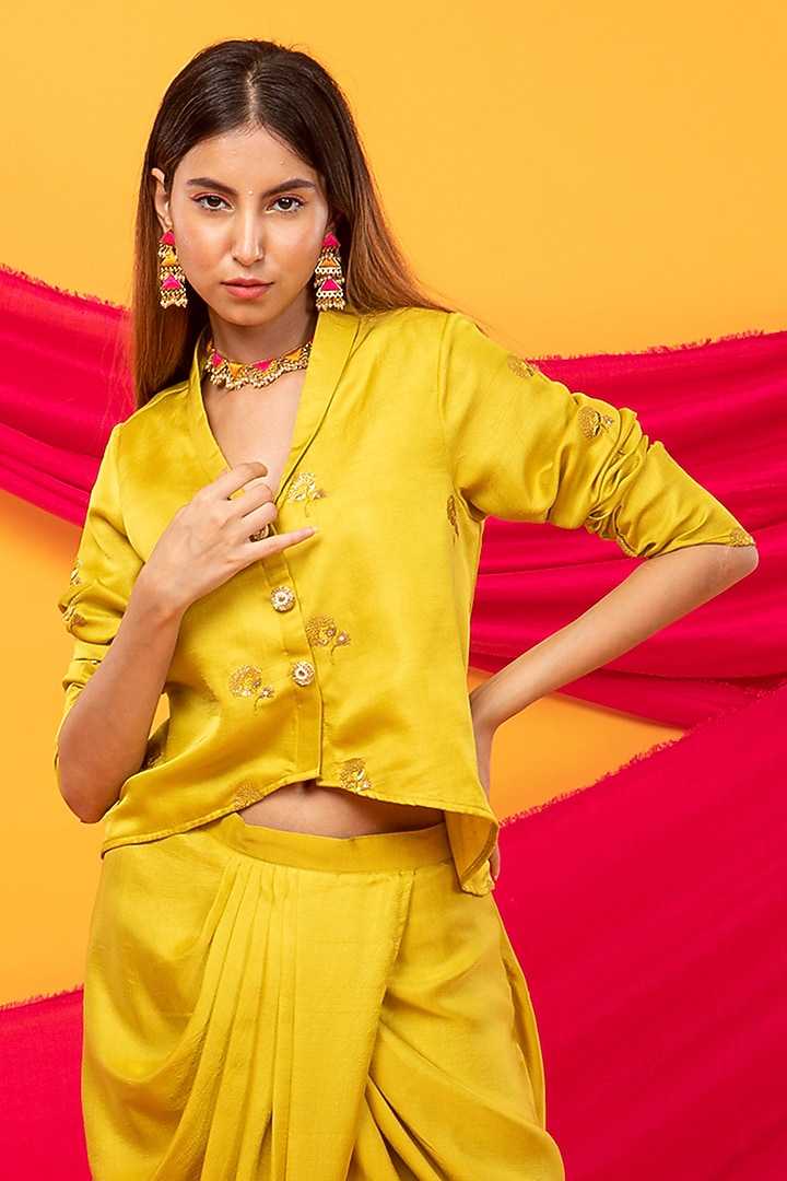 Yellow Silk Blend Embroidered Jacket Set by Monk & Mei at Pernia's Pop Up Shop